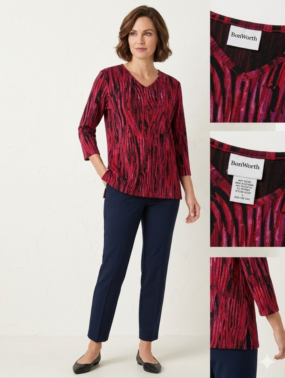 BONWORTH WOMENS TOP SIZE L IN A BEAUTIFUL MULTICOLOR OF REDS AND BLACK